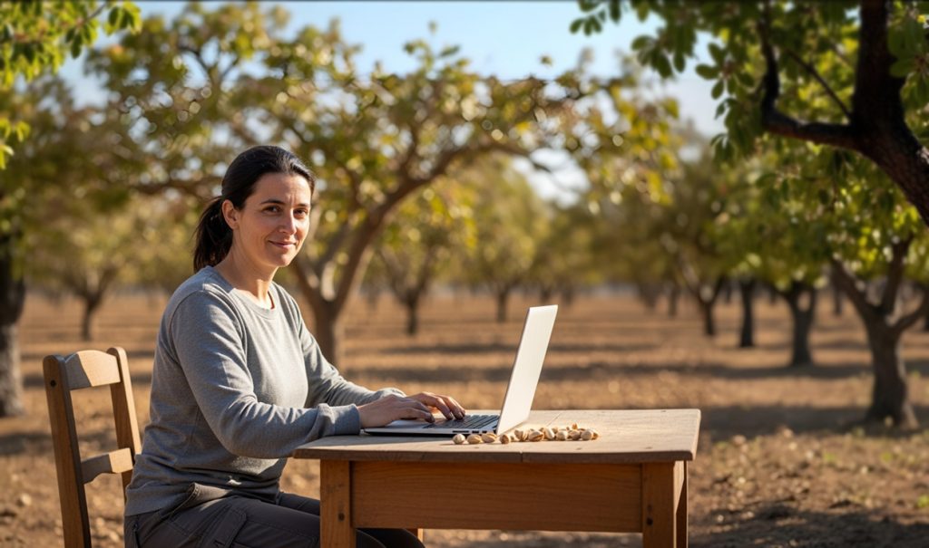 agricultora consultado las noticias en su portátil